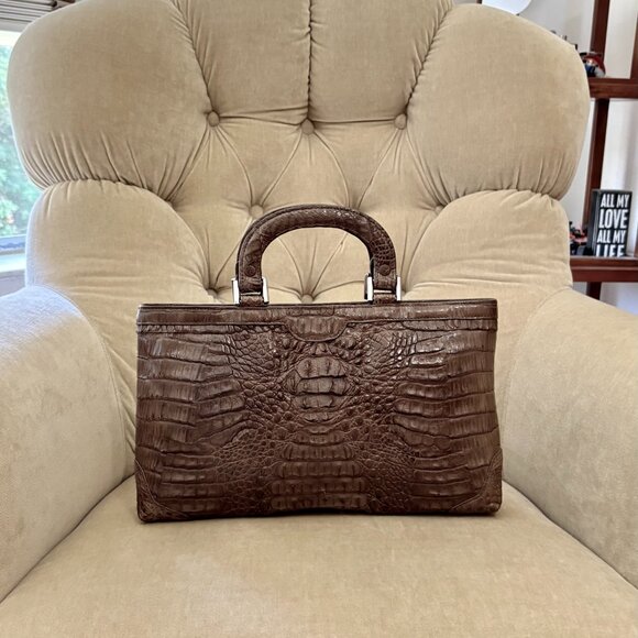 VTG Auth. EILEEN KRAMER Genuine Caiman Crocodile Brown Slim Satchel Bag - Picture 2 of 6